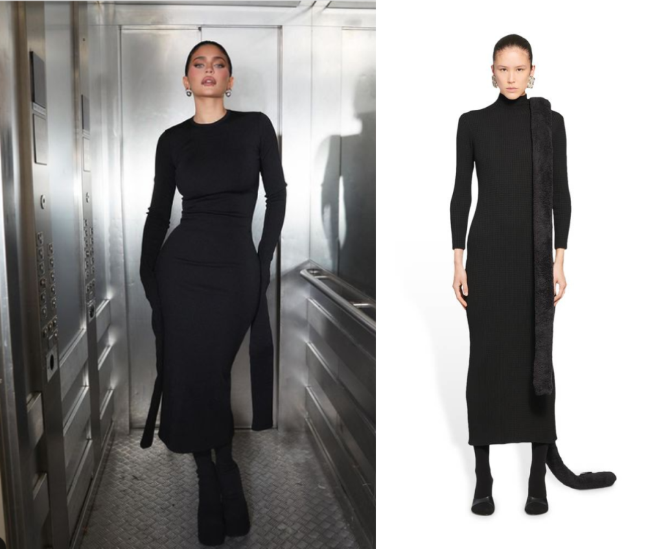 Kylie Jenner stands in a silver lift wearing a slinky black Balenciaga knit dress with a model on the right against a white background wearing the same dress.