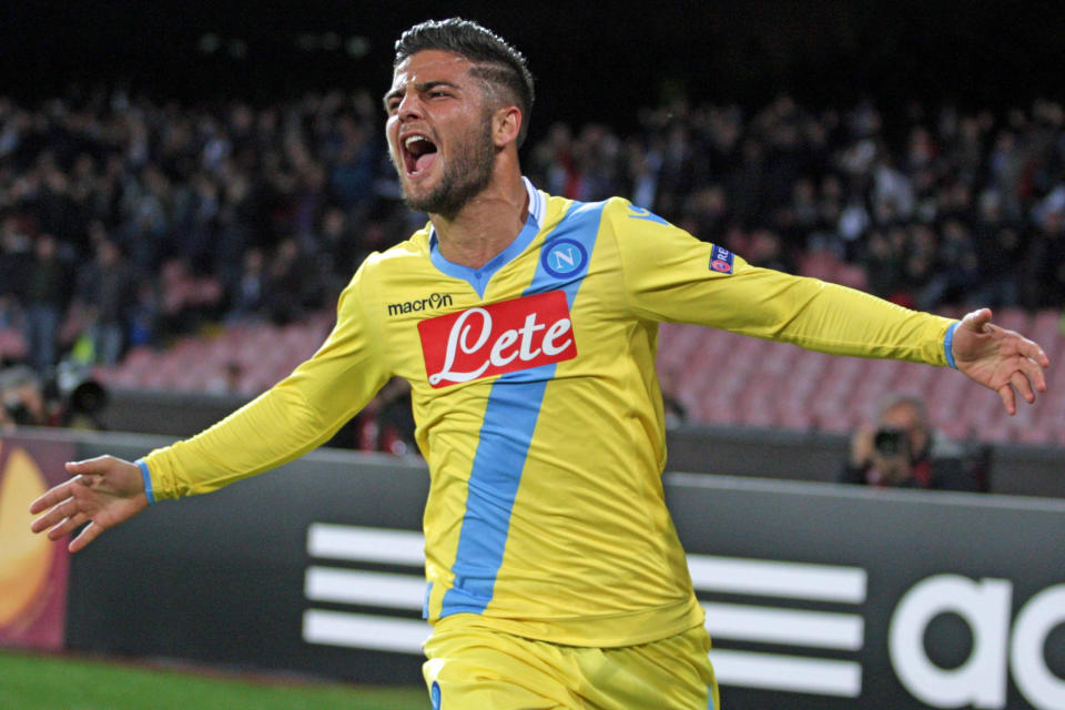 Napoli's Lorenzo Insigne celebrates after scoring a goal during an Europe League, round of 32, second leg, soccer match between Napoli and Swansea, at the Naples San Paolo stadium, Italy, Thursday, Feb. 27, 2014. (AP Photo/Tano Pecoraro, Lapresse) ITALY OUT