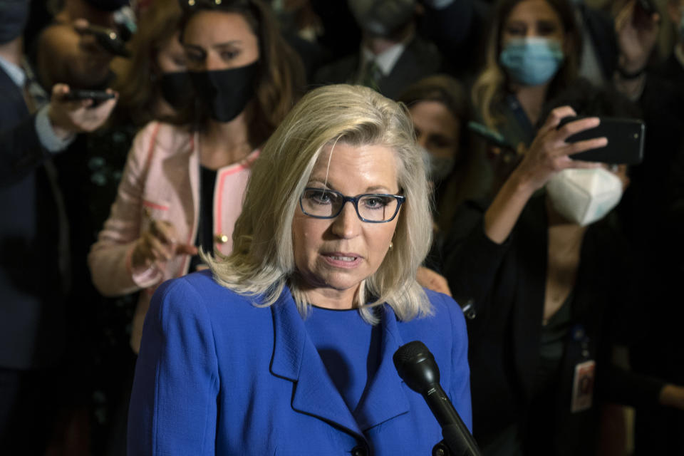 Rep. Liz Cheney, R-Wyo., speaks to reporters after House Republicans voted to oust her from her leadership post as chair of the House Republican Conference because of her repeated criticism of former President Donald Trump for his false claims of election fraud and his role in instigating the Jan. 6 U.S. Capitol attack, at the Capitol in Washington, Wednesday, May 12, 2021. (AP Photo/Manuel Balce Ceneta)