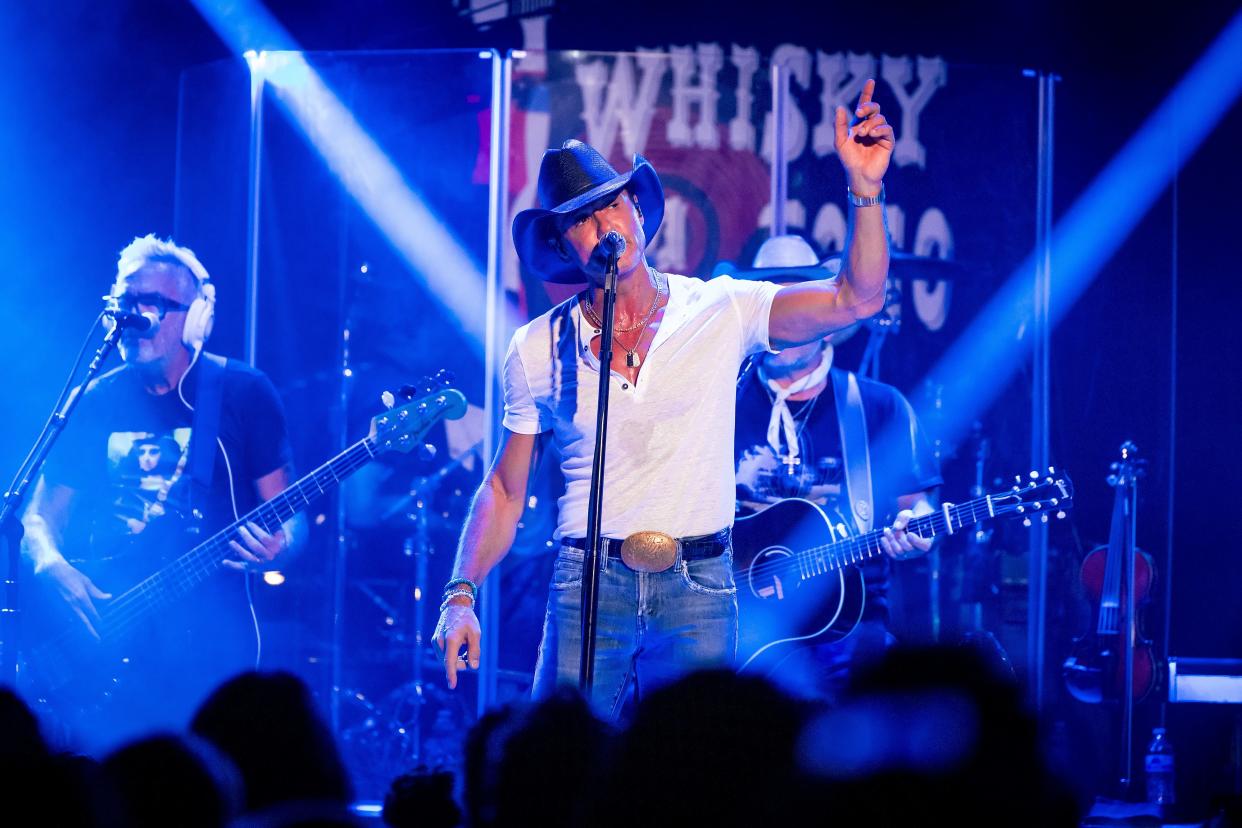Tim McGraw performs onstage at a secret Standing Room Only show at Sunset Strip's Whisky A Go Go on July 24, 2023 in West Hollywood, California.