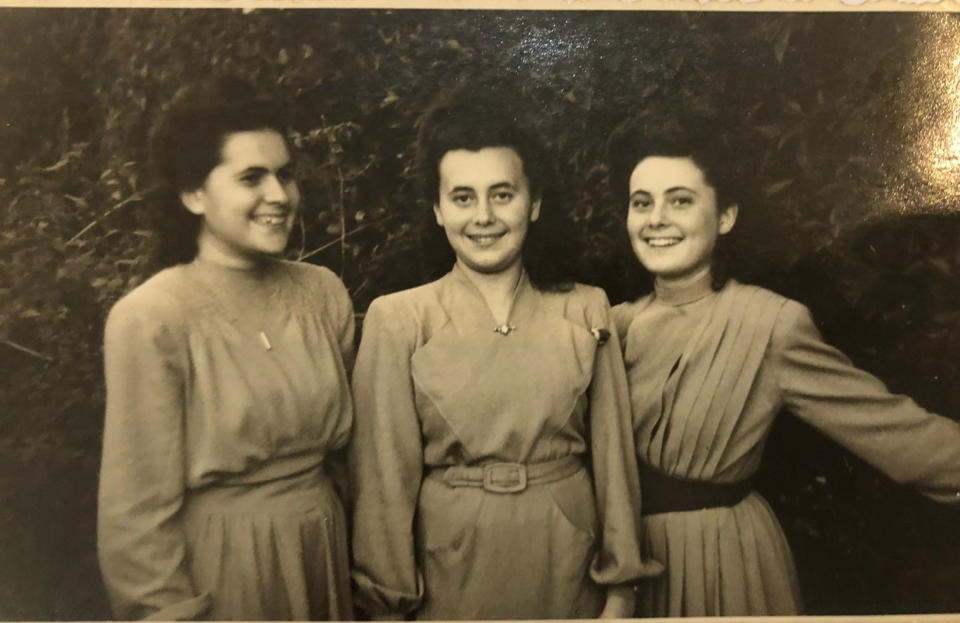 Image: Lily Ebert, center, with her sisters who were sent to Auschwitz together and endured slave labor and the death march during WWII. (Dov Forman)
