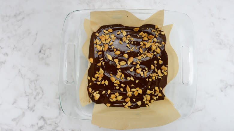 Chocolate Peanut Butter Keto Fudge with peanuts added