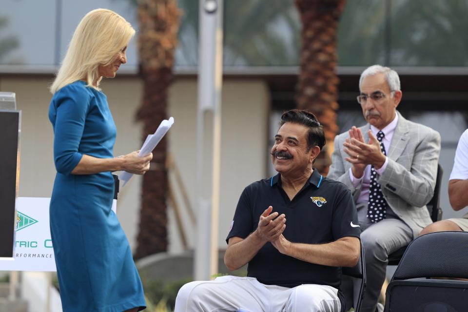 Jacksonville mayor Donna Deegan (L), seen here celebrating with Jaguars' owner Shad Khan the opening of the team's performance center last summer, understood the art of compromise in coming to terms on a framework agreement with the NFL franchise on renovations for EverBank Stadium.