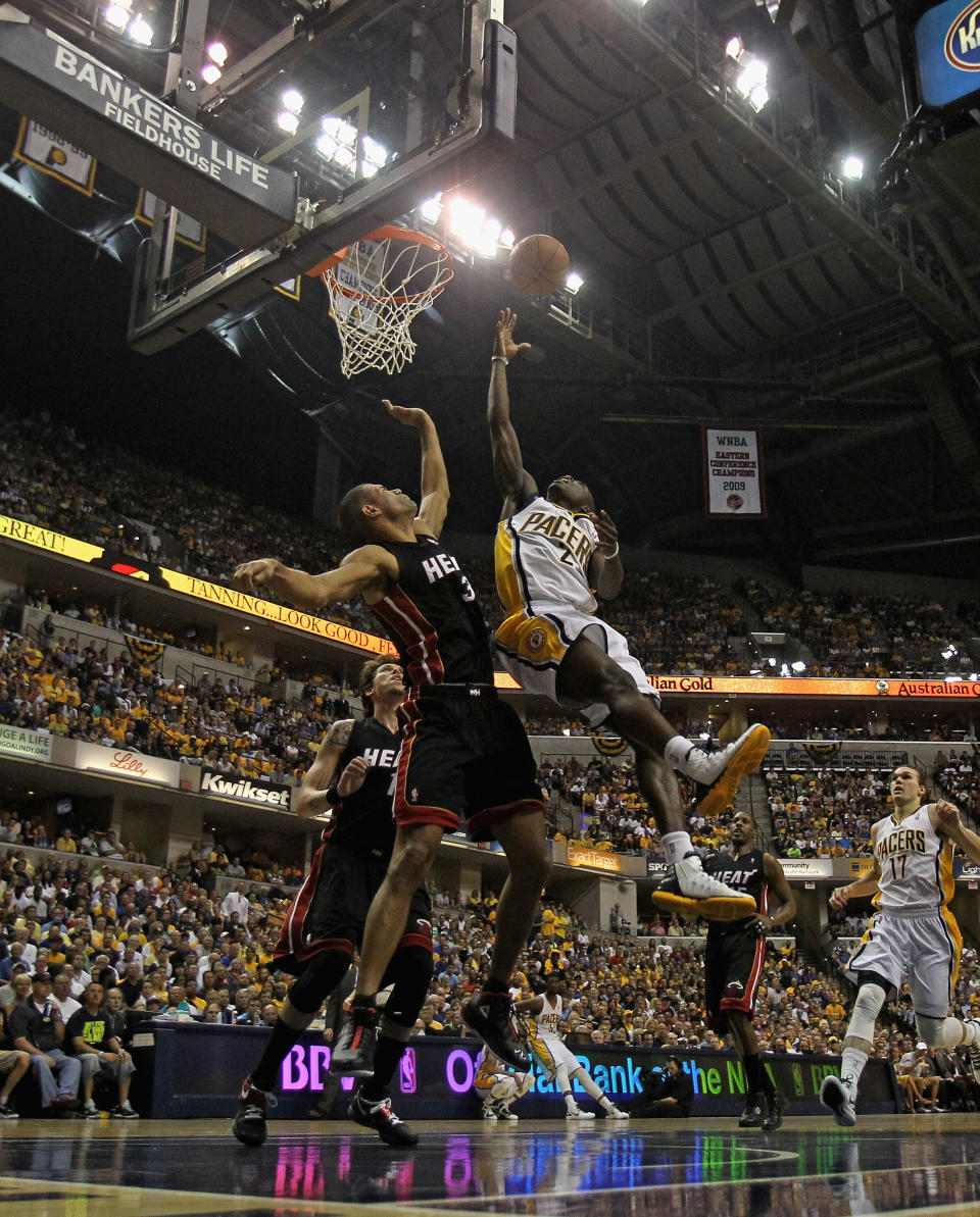 INDIANAPOLIS, IN - MAY 20: Darren Collison #2 of the Indiana Pacers goes up for a shot against Shane Battier #31 of the Miami Heat in Game Four of the Eastern Conference Semifinals in the 2012 NBA Playoffs at Bankers Life Fieldhouse on May 20, 2012 in Indianapolis, Indiana. NOTE TO USER: User expressly acknowledges and agrees that, by downloading and/or using this photograph, User is consenting to the terms and conditions of the Getty Images License Agreement. (Photo by Jonathan Daniel/Getty Images)