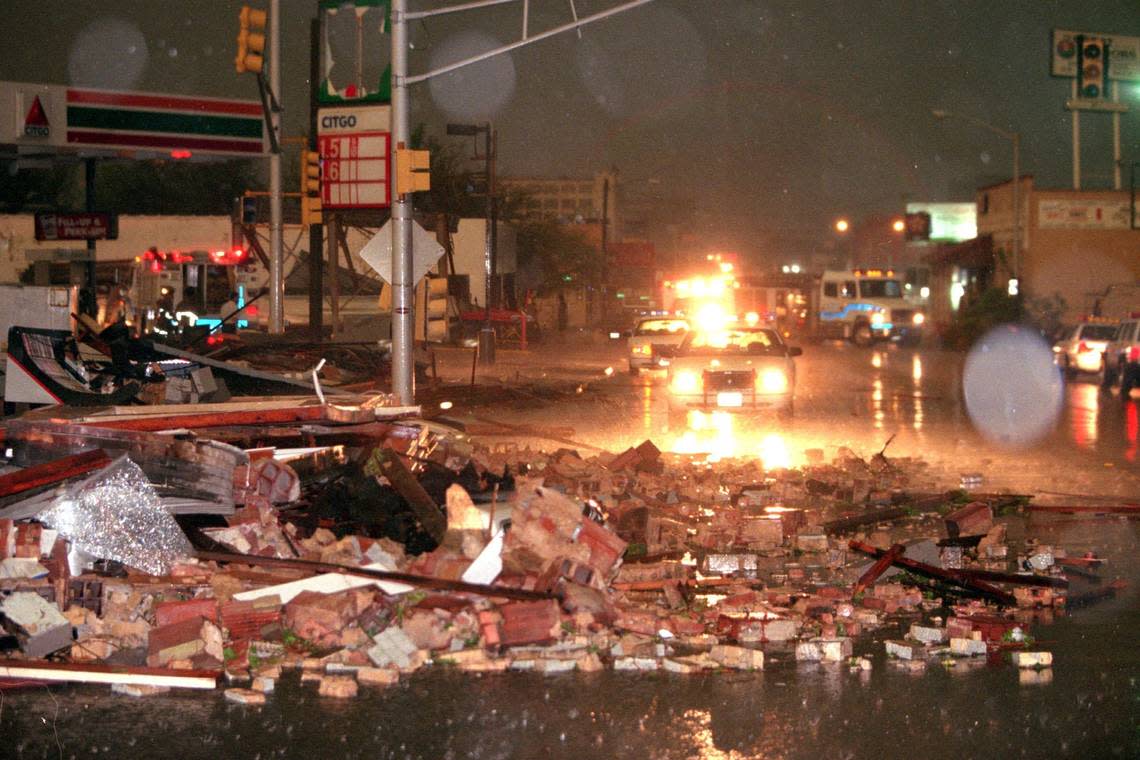 Damage on West Seventh Street in Fort Worth after a tornado hit the city on March 28, 2000.