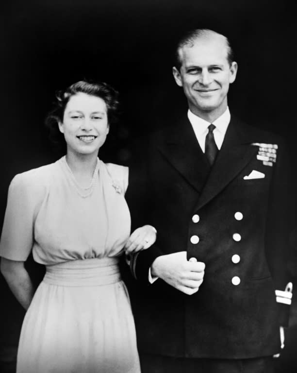 Photo taken on July 11, 1947, shows Princess Elizabeth (future Queen Elizabeth II) and Philip of Greece (future Duke of Edinburgh) posing on the day of their engagement in July 1947