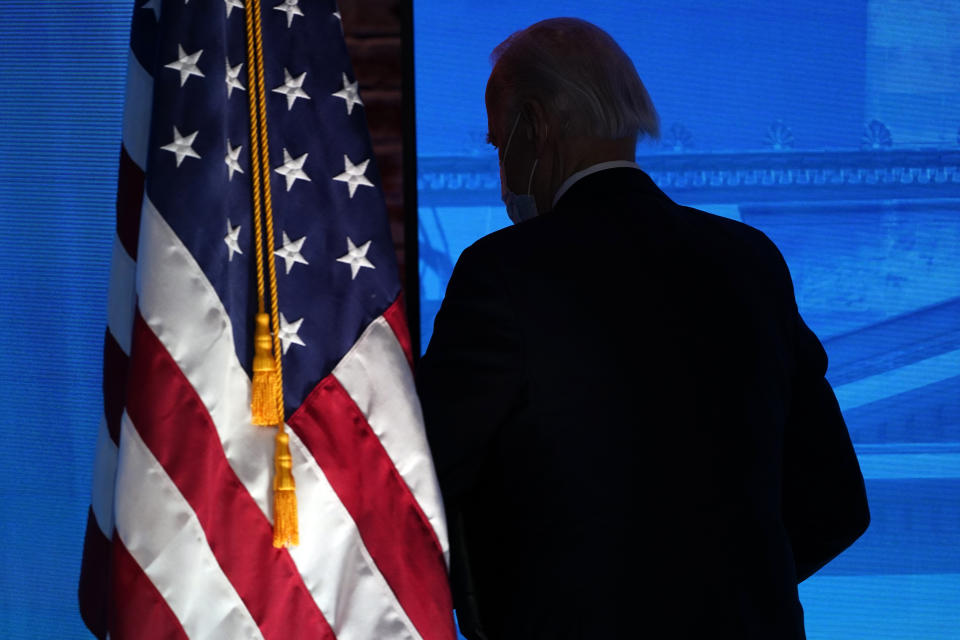 President-elect Joe Biden walks from the stage after speaking during an event at The Queen theater in Wilmington, Del., Thursday, Jan. 7, 2021, to announce key nominees for the Justice Department. (AP Photo/Susan Walsh)