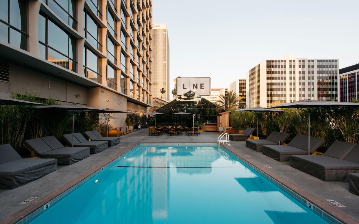 Guests have access to a modest-sized rooftop pool at trendy Koreatown hotel The LINE.