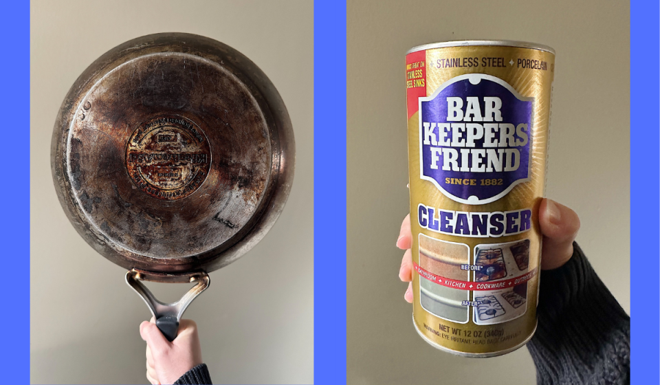 author holding up a stained frying pan / author holding bar keepers friend