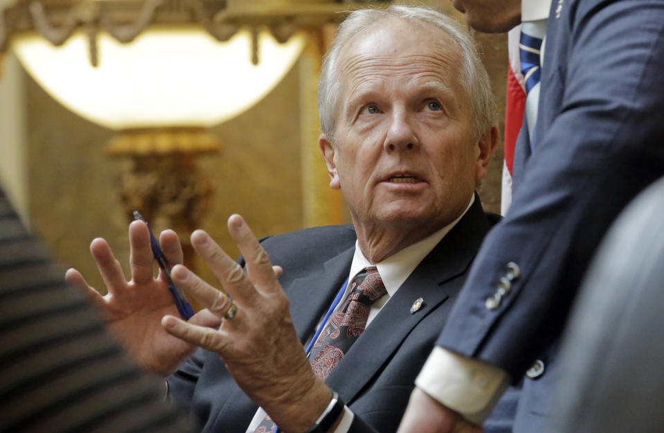 FILE - This Feb. 8, 2017, file photo, Rep. Mike Noel, R-Kanab, speaks on the House floor at the state Capitol in Salt Lake City. An internal watchdog has cleared Interior Secretary Ryan Zinke of wrongdoing following a complaint that he redrew the boundaries of a national monument in Utah to benefit a former state lawmaker and political ally. The Interior Department’s office of inspector general says it found no evidence that Zinke gave former state Noel preferential treatment in shrinking the boundaries of Utah’s Grand Staircase-Escalante National Monument.(AP Photo/Rick Bowmer, File)