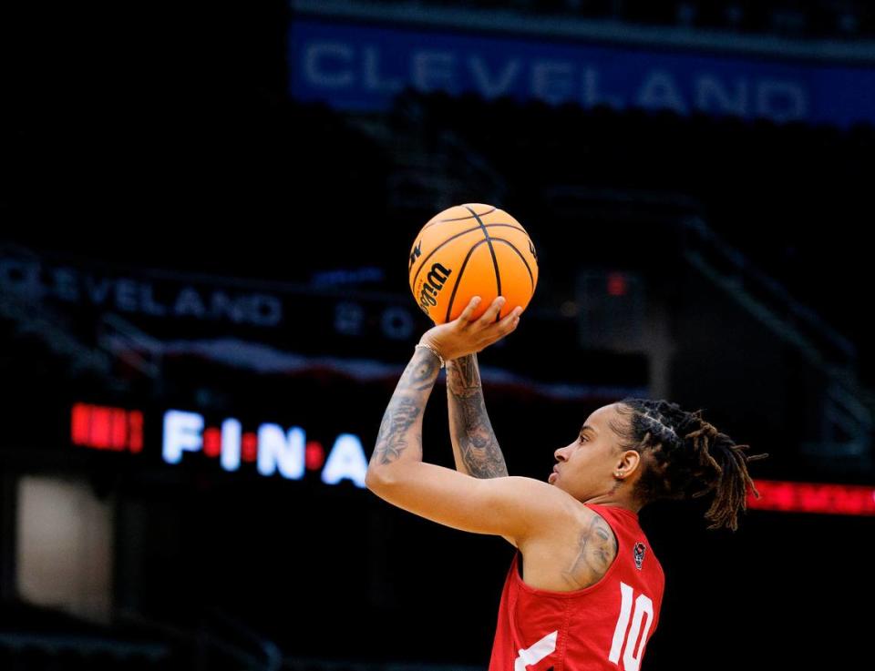 N.C. State’s Aziaha James puts up a shot during practice at Rocket Mortgage FieldHouse on Thursday, April 4, 2024, in Cleveland, Ohio. The Wolfpack will face South Carolina in the Final Four on Friday.