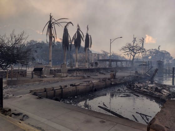 A charred boat lies in the scorched waterfront after wildfires fanned by the winds of a distant hurricane devastated Maui’s city of Lahaina, Hawaii, on August 9, 2023.<span class="copyright">Mason Jarvi—Reuters</span>