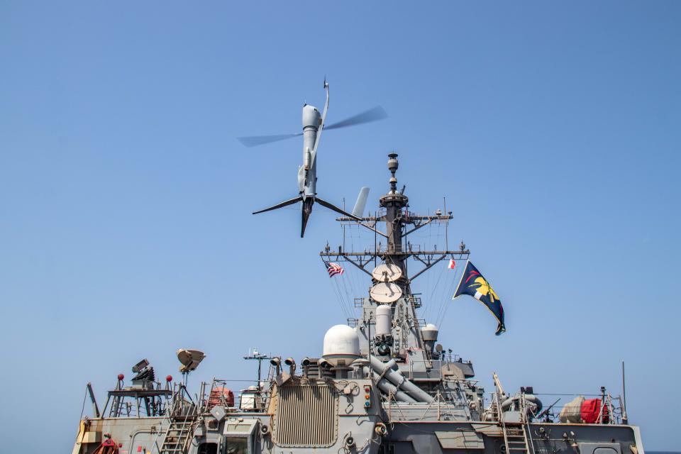 An Aerovel Flexrotor unmanned aerial vehicle launches from the deck of the Arleigh Burke-class guided-missile destroyer USS McFaul (DDG 74) in the Gulf of Oman, in an image released Oct. 6.