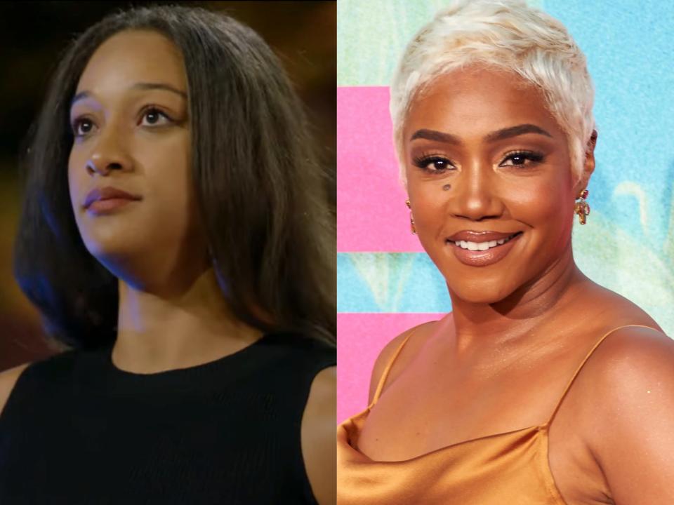 left: jasmine english, a woman with her hair worn down and straight; right: tiffany haddish, her hair cropped short and blonde