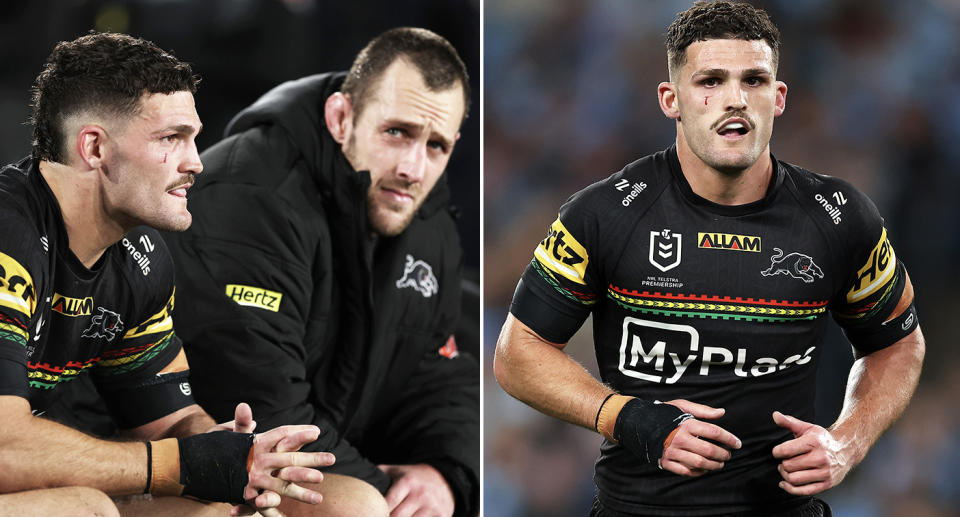 Nathan Cleary, pictured here with heavy strapping and padding on his right hand.