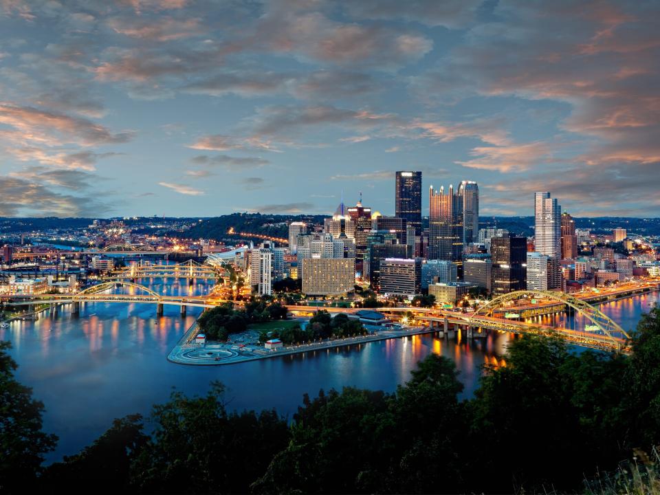 The Pittsburgh skyline at dusk.