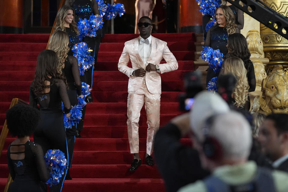 Alabama cornerback Terrion Arnold poses on the red carpet ahead of the first round of the NFL football draft, Thursday, April 25, 2024, in Detroit. (AP Photo/Carlos Osorio)