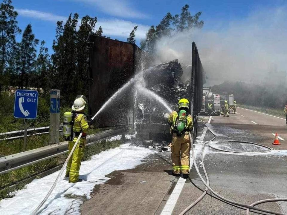 Firefighters have been working on extinguishing the truck fire. Picture: Cooranbong Rural Fire Brigade