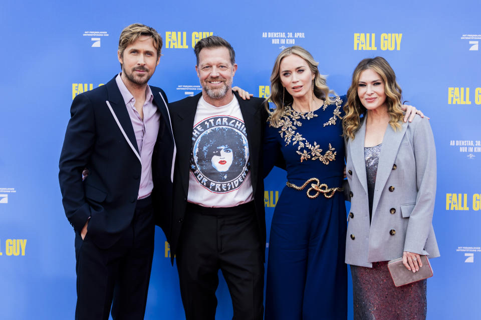 From left, actor Ryan Gosling, director David Leitch, actress Emily Blunt and producer Kelly McCormick pose on the occasion of the European premiere of the movie "The Fall Guy" at the UCI Luxe East Side Gallery cinema in Berlin Friday, April 19, 2024. (Christoph Soeder/dpa via AP)