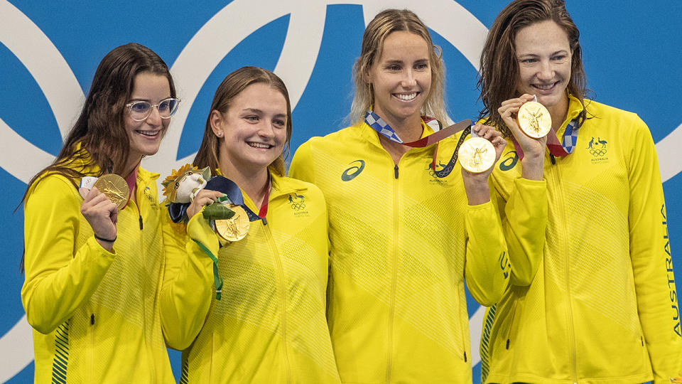 Kaylee McKeown (left) had a sensational Olympic debut, winning three gold medals including in the medley relay. (Photo by Tim Clayton/Corbis via Getty Images)