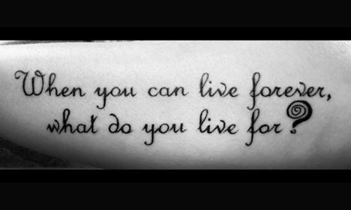 <p>"When you can live forever.... what do you live for?" This fan gets a tattoo of one of Edward Cullen's most memorable quotes from the series.<br><br><a rel="nofollow" href="http://au.movies.yahoo.com/movie/68260/the-twilight-saga-breaking-dawn-part-1-interviews-with-the-cast/trailers/27187454/" data-ylk="slk:WATCH: Interviews with the cast of 'Twilight';elm:context_link;itc:0;sec:content-canvas" class="link ">WATCH: Interviews with the cast of 'Twilight'</a></p>