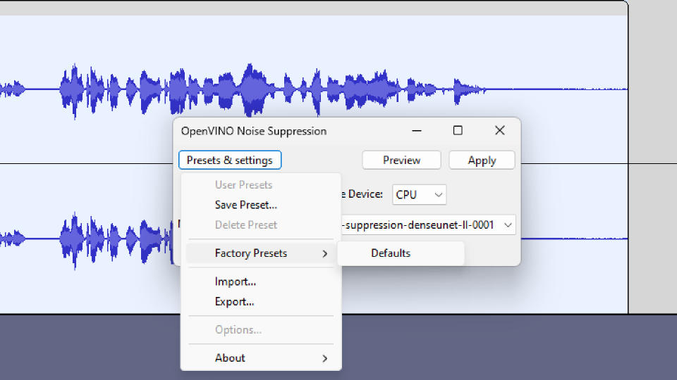 A screenshot of OpenVINO noise reduction settings, or rather, the current lack of them