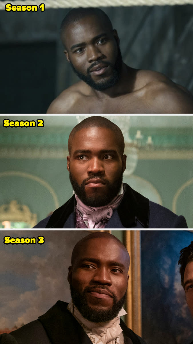 Three images of a male character from the TV show Bridgerton across three seasons. Season 1: shirtless. Season 2: in formal period attire. Season 3: in formal attire, smiling