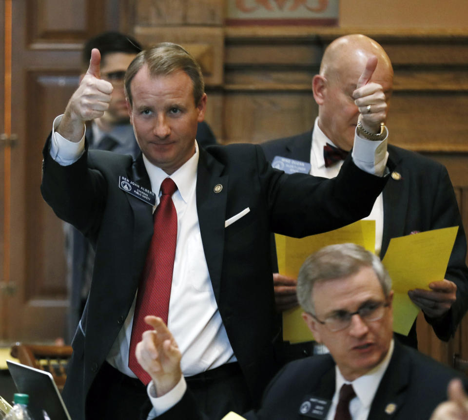 FILE - In this Thursday, March 7, 2019 file photo, State Sen. John Albers, a Roswell Republican, urges a yes vote to a bill in Atlanta. Albers was one of three Republican senators representing parts of Fulton County sent a letter to the State Election Board demanding a performance review that could lead to a state takeover of Fulton County elections (Bob Andres/Atlanta Journal-Constitution via AP, File)