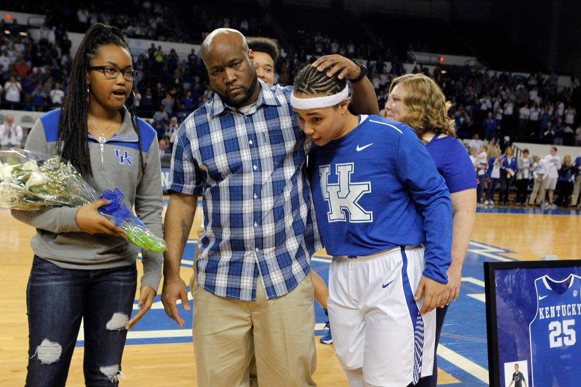 Former UK men’s hoops player Anthony Epps embraced his daughter, then-Kentucky star Makayla Epps, during the Kentucky women’s basketball program’s 2017 Senior Night.