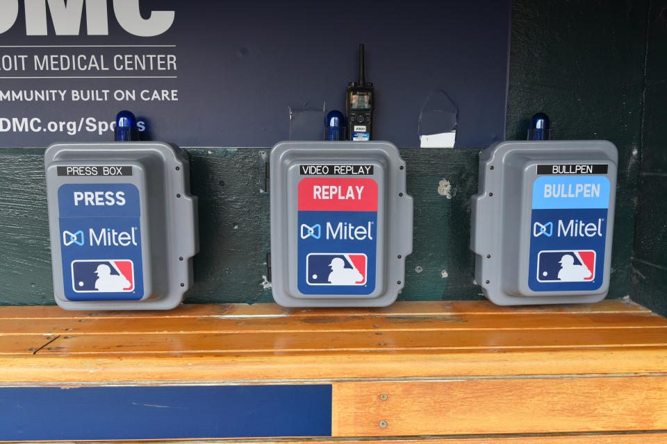 DETROIT, MI - MAY 07:  A detailed view of the Mitel Press Box, Video Replay and Bullpen telephones in the Los Angeles Angels of Anaheim dugout prior to the game against the Detroit Tigers at Comerica Park on May 7, 2019 in Detroit, Michigan. The Angels defeated the Tigers 5-2.  (Photo by Mark Cunningham/MLB Photos via Getty Images)