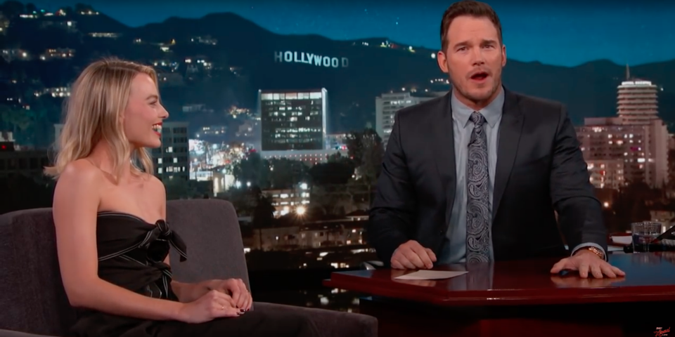 Margot Robbie joined the celebrity host Chris Pratt on the Jimmy Kimmel Show. Source: Supplied