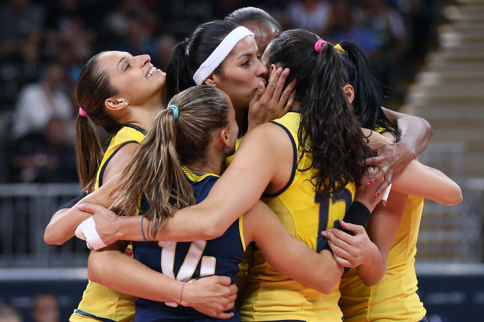 <b>Brazilian women's volleyball team</b><br> Why choose just one when there are so many crush-worthy players on Brazil's volleyball team? And they're not just pretty faces, they're also the defending Olympic gold medalists after beating the USA in Beijing. (Photo by Elsa/Getty Images)