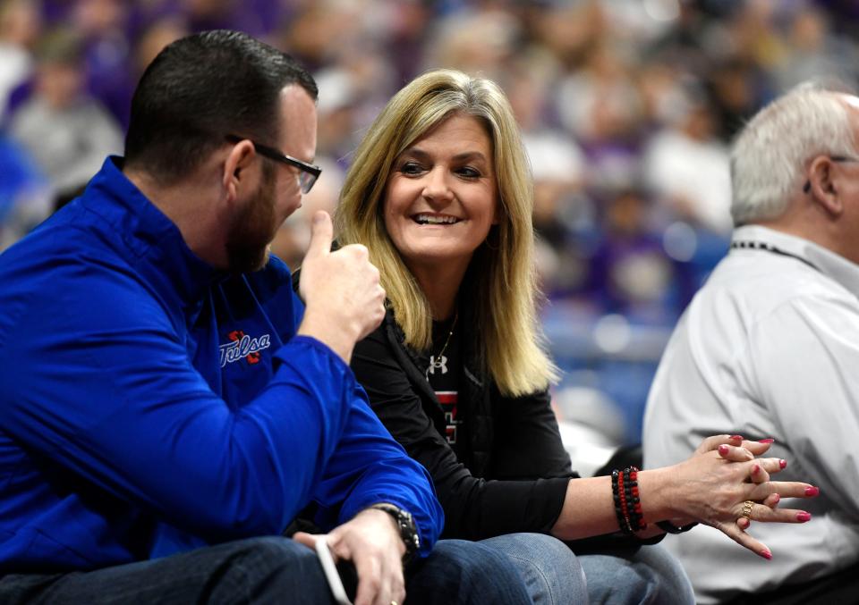 Krista Gerlich, head coach of the Texas Tech women's basketball team, attends the Gruver vs. San Saba game in the UIL State girls basketball Class 2A semifinals on Friday, March 4, 2022, at the Alamodome. Gruver's Bailey Maupin is a Tech transfer.