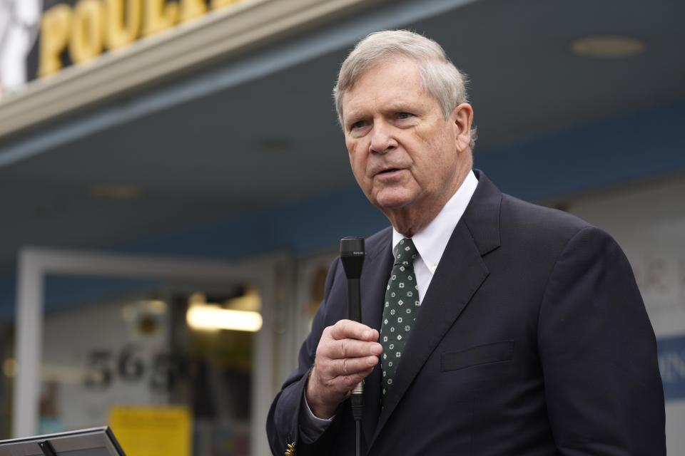 U.S. Agriculture Secretary Tom Vilsack speaks during a visit to Wheat Ridge Poultry and Meats, a locally-owned and operated butcher shop and meat processor, Friday, Jan. 14, 2022, in Wheat Ridge, Colo. Vilsack made the stop to talk about the Biden administration's ongoing efforts to create more and better market opportunities for American farmers, ranchers and consumers. (AP Photo/David Zalubowski)