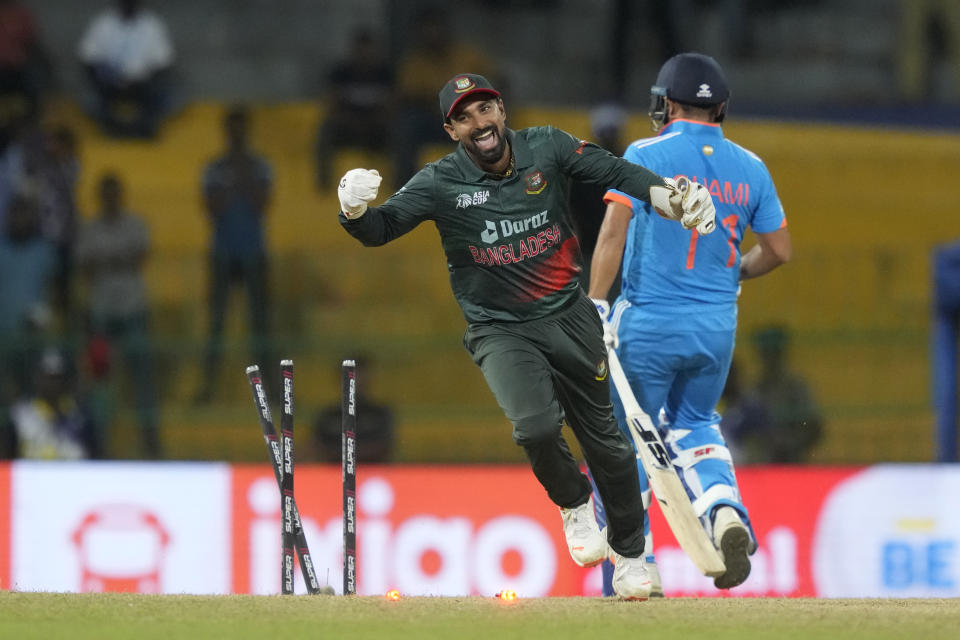 Bangladesh's Litton Das celebrates the six runs win over India in the Asia Cup cricket match between Bangladesh and India in Colombo, Sri Lanka, Friday, Sept.15, 2023. (AP Photo/Eranga Jayawardena)