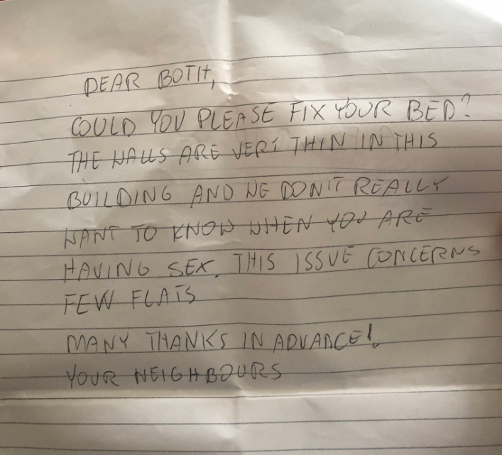 note he received from his neighbours about loud sex