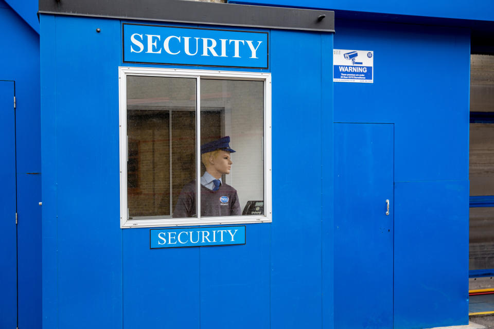 <p>A mannequin security man watches a commercial�premises�in central London on April 29, 2021. (Photo by Dominika Zarzycka/Sipa USA)</p>
