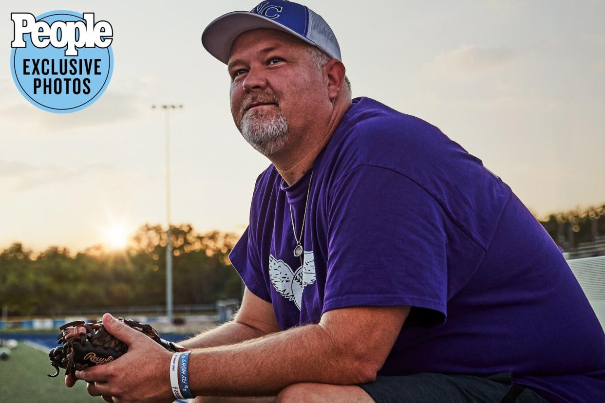 Dan Bryan plays catch in memory of his son. July 20, 2022, Desloge, MO, at North County High School. Credit: Paul Nordmann