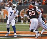 Aug 30, 2018; Cincinnati, OH, USA; Indianapolis Colts quarterback Jacoby Brissett (7) throws a pass against the Cincinnati Bengals during the first half at Paul Brown Stadium. Mandatory Credit: David Kohl-USA TODAY Sports