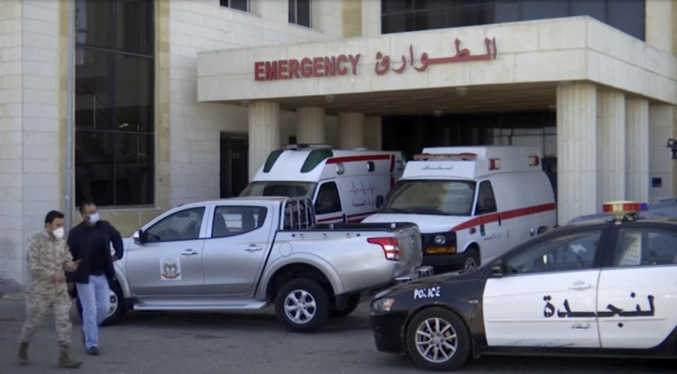 This still image taken from video shows the exterior of Al-Hussein Al Salt Hospital in Salt, Jordan on Saturday, March 13, 2021. State media reports that Jordan’s Health Minister, Nathir Obeidat, has stepped down after at least six patients in a COVID-19 ward at a hospital near the capital Amman died due to a shortage of oxygen supplies. (AP Photo)