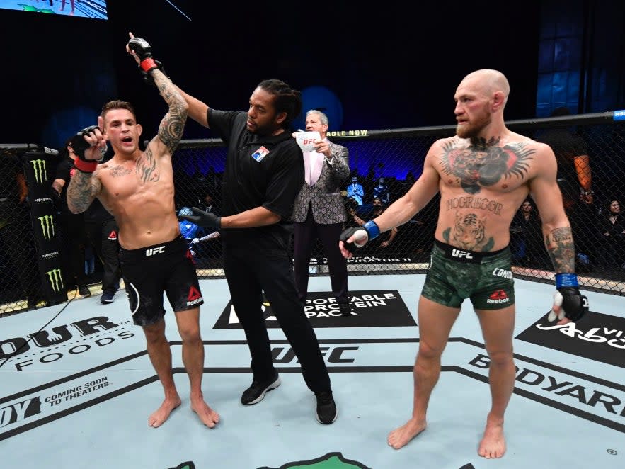 Dustin Poirier celebrates beating Conor McGregor (Zuffa LLC via Getty Images)