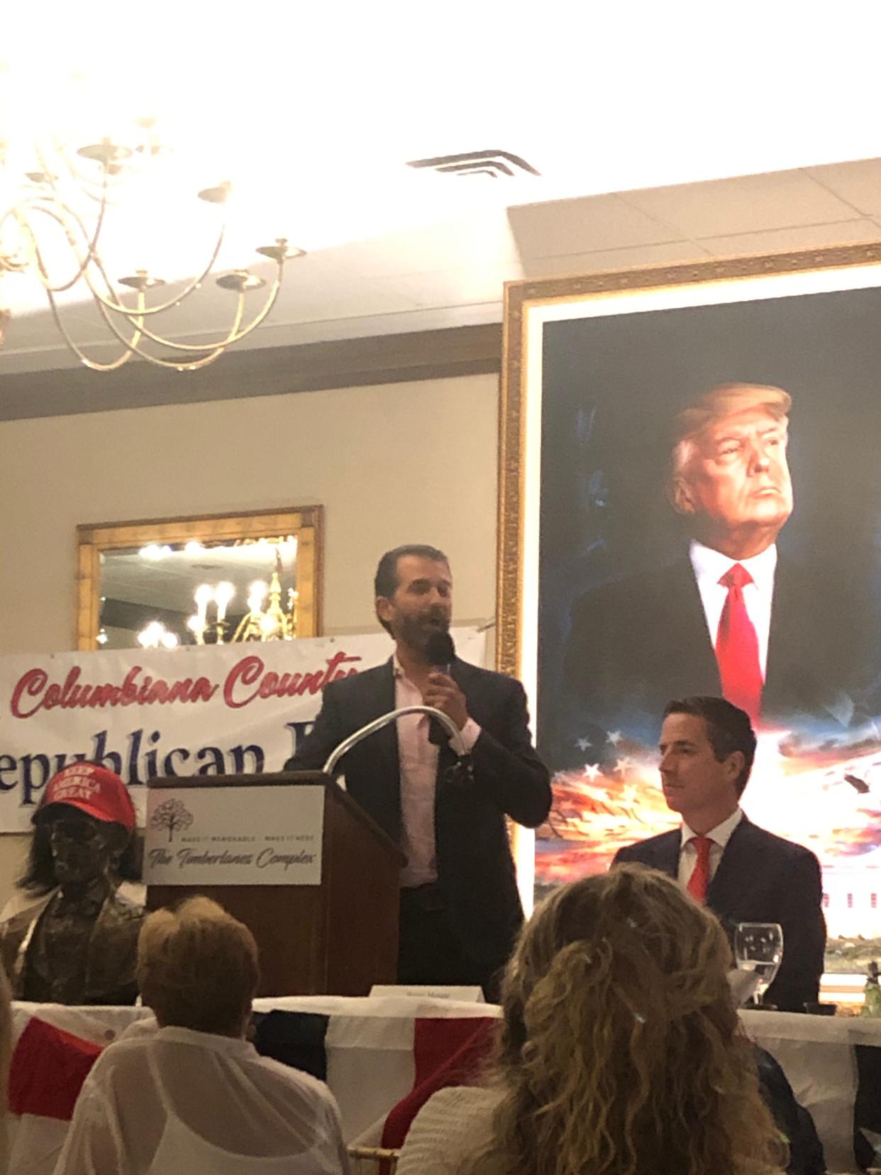 Donald Trump Jr., the eldest son of former President Donald Trump, speaks Wednesday at the annual Lincoln Day Dinner for the Columbiana County Republican Party in Salem.