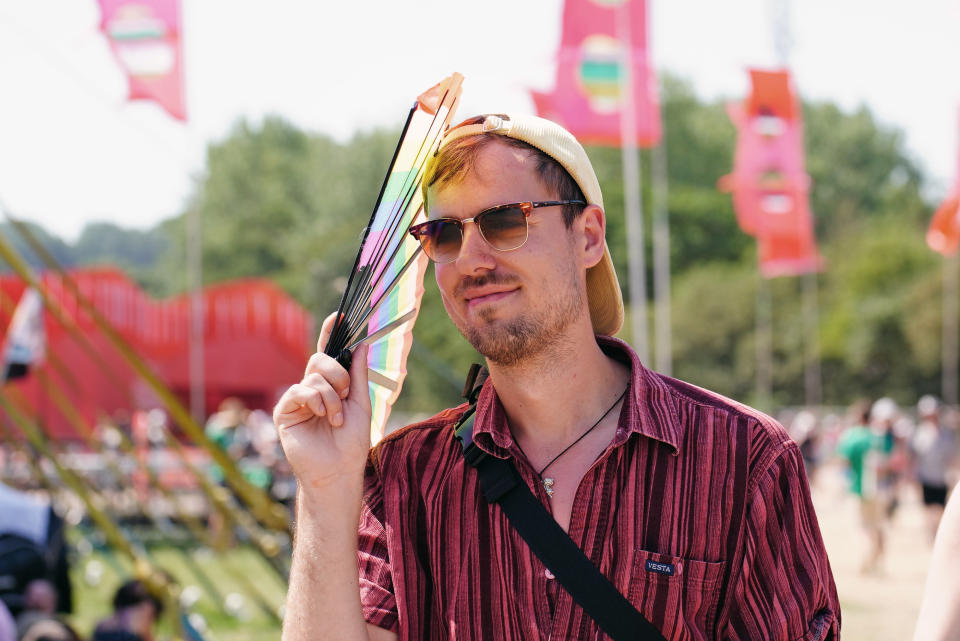 Festivalgoers during the hot weather at the Glastonbury Festival at Worthy Farm in Somerset. Picture date: Sunday June 25, 2023. (Photo by Ben Birchall/PA Images via Getty Images)