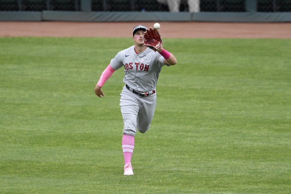 Boston Red Sox right fielder Hunter Renfroe makes a catch on a line drive by Baltimore Orioles' Cedric Mullins, not seen, for the out during the first inning of a baseball game, Sunday, May 9, 2021, in Baltimore. (AP Photo/Nick Wass)