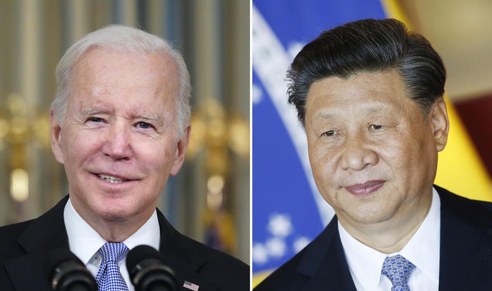 FILE - This combination image shows U.S. President Joe Biden in Washington, Nov. 6, 2021, and China's President Xi Jinping in Brasília, Brazil, Nov. 13, 2019. The White House says President Joe Biden and China’s Xi Jinping will hold their much-anticipated virtual summit on Monday evening. (AP Photo/Alex Brandon, Eraldo Peres, File)