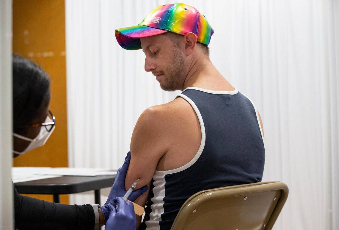 Patrick Larue, 32, receives the monkeypox vaccine at the Pride Center at Equality Park in Wilton Manors, Florida, on Tuesday, July 19, 2022.