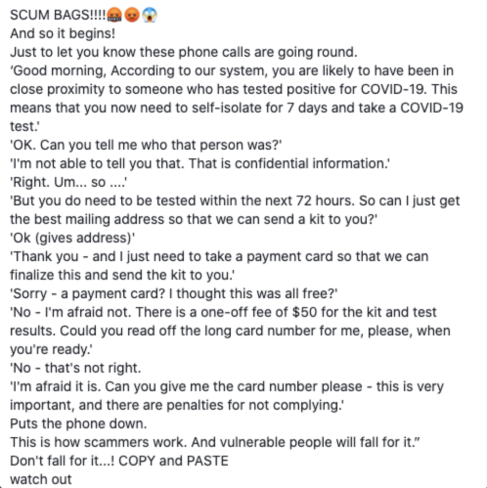 This depiction of a scam call has circulated on social media. Source: Facebook