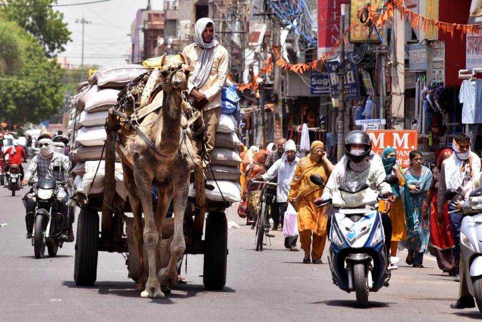 Commuters cover their faces with scarves to protect themselves from the harsh heat in Bikaner, Rajasthan (AP)