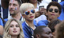 <p>Isabelle Matuidi, wife of Blaise Matuidi of France during the 2018 FIFA World Cup Russia group C match between Denmark and France at Luzhniki Stadium on June 26, 2018 in Moscow, Russia. (Photo by Jean Catuffe/Getty Images) </p>