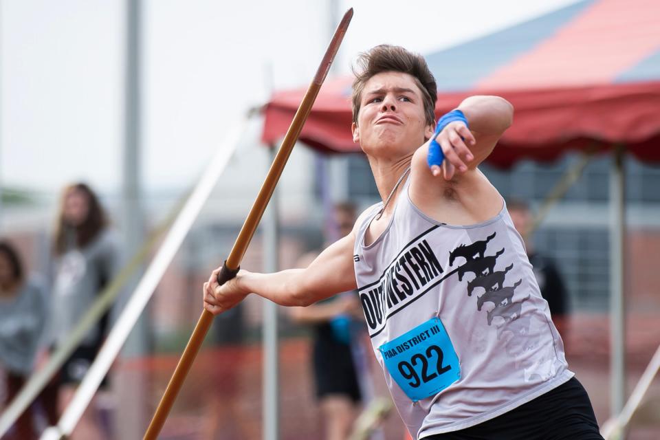 South Western's Jackson Hersh competes in the 3A javelin throw at the PIAA District 3 Track and Field Championships at Shippensburg University Saturday, May 20, 2023. Hersh won silver with a mark of 178-10.